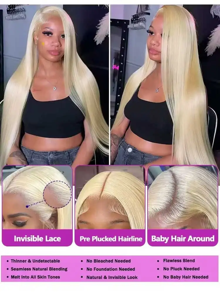 Perruque lisse blond platine — porté