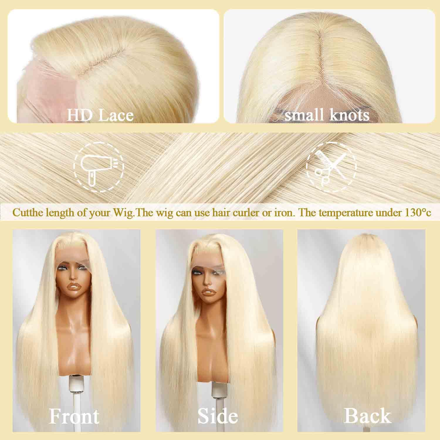 Perruque lisse blond platine — porté