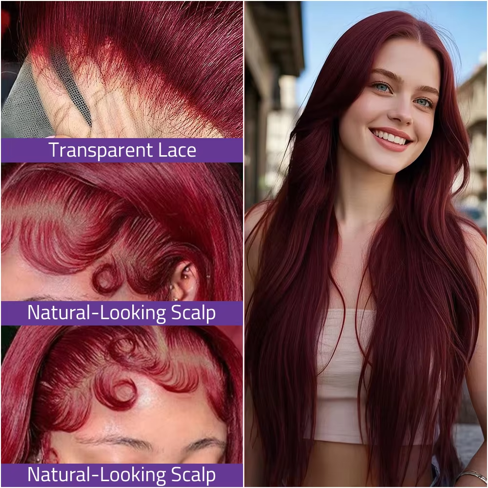 Perruque lisse bordeaux cheveux naturels vue 2