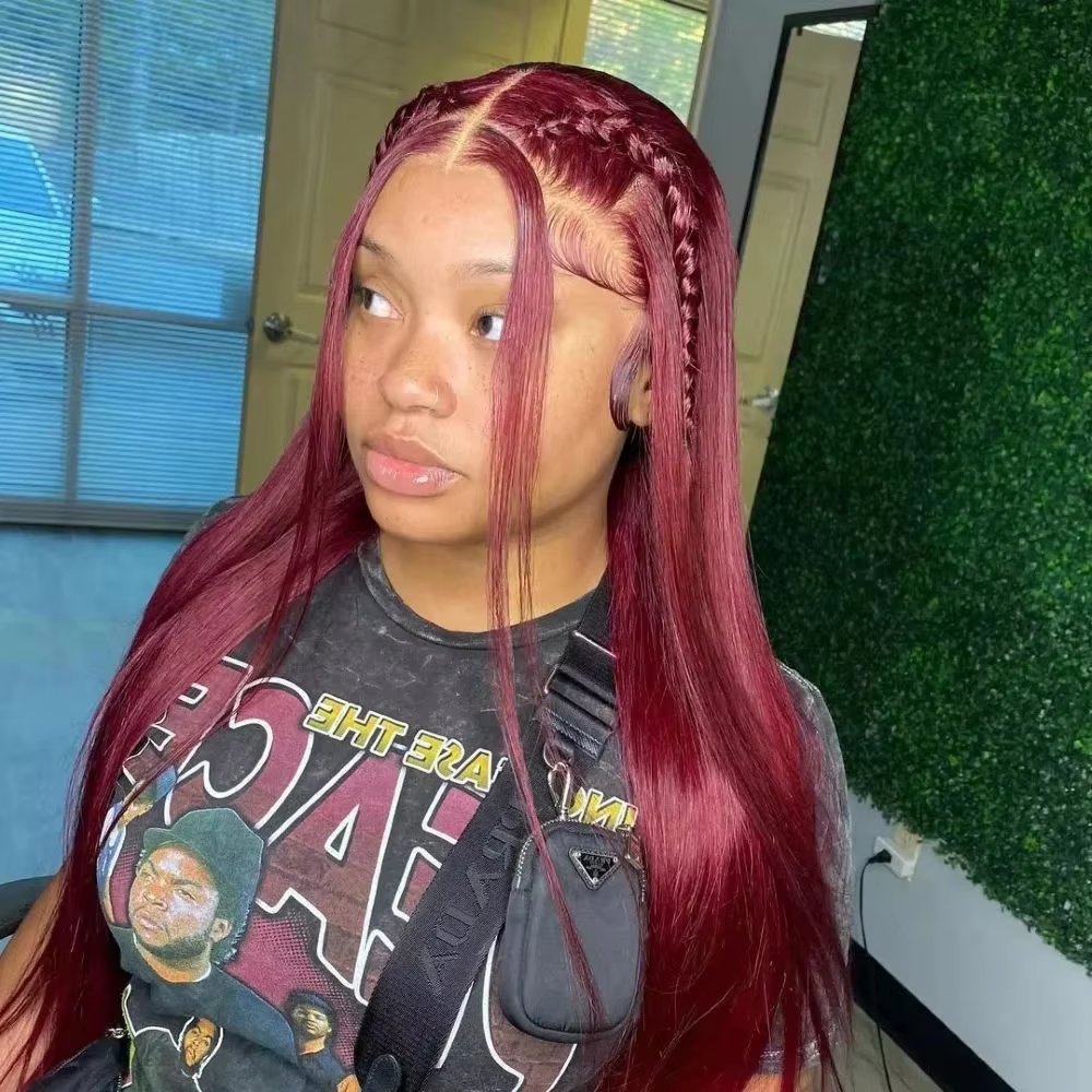 Perruque lisse bordeaux cheveux naturels