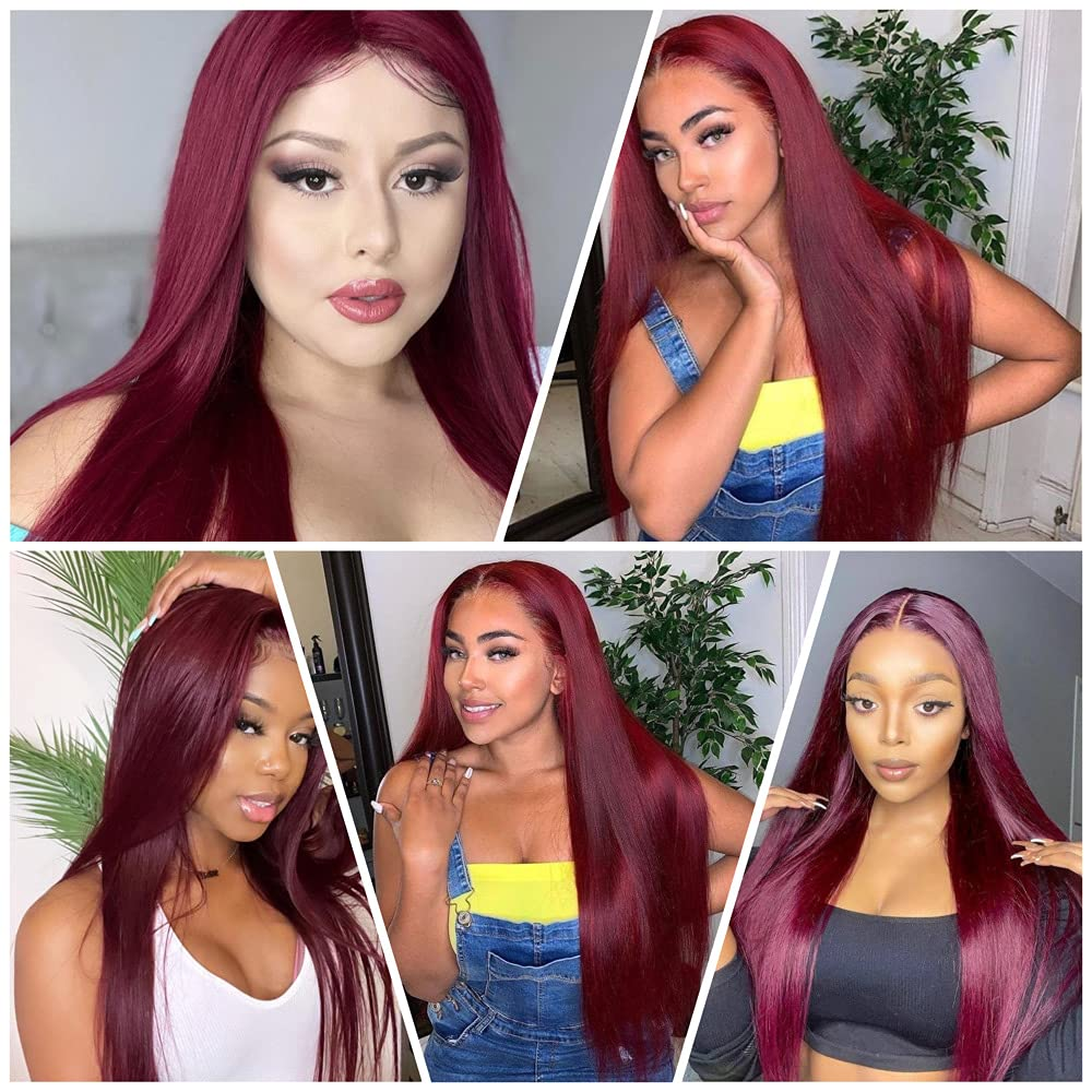 Perruque lisse bordeaux cheveux naturels — porté