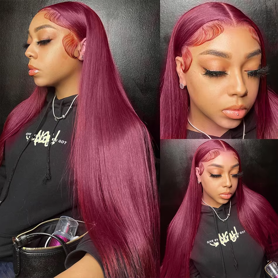 Perruque lisse bordeaux cheveux naturels vue 2