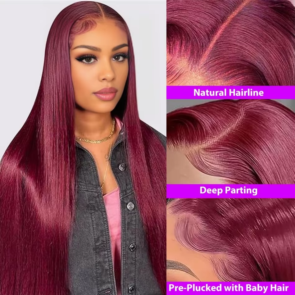 Perruque lisse bordeaux cheveux naturels vue 3