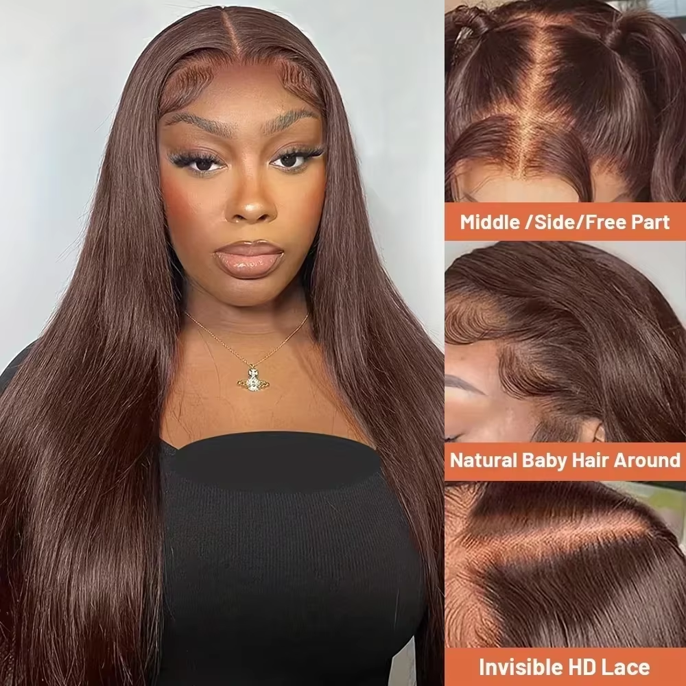 Perruque lisse longue brun chocolat vue 2
