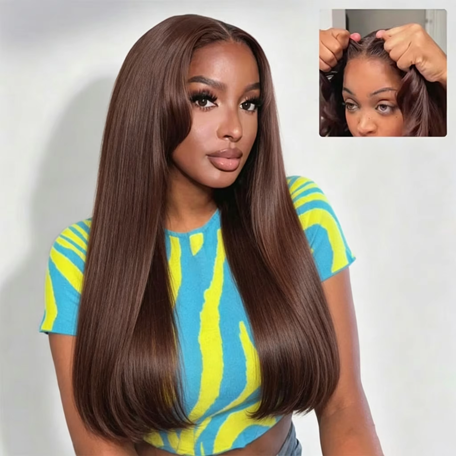 Perruque lisse longue brun chocolat
