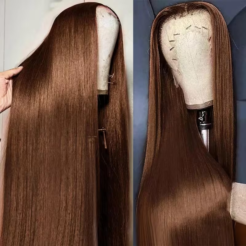 Perruque lisse marron chocolat — porté