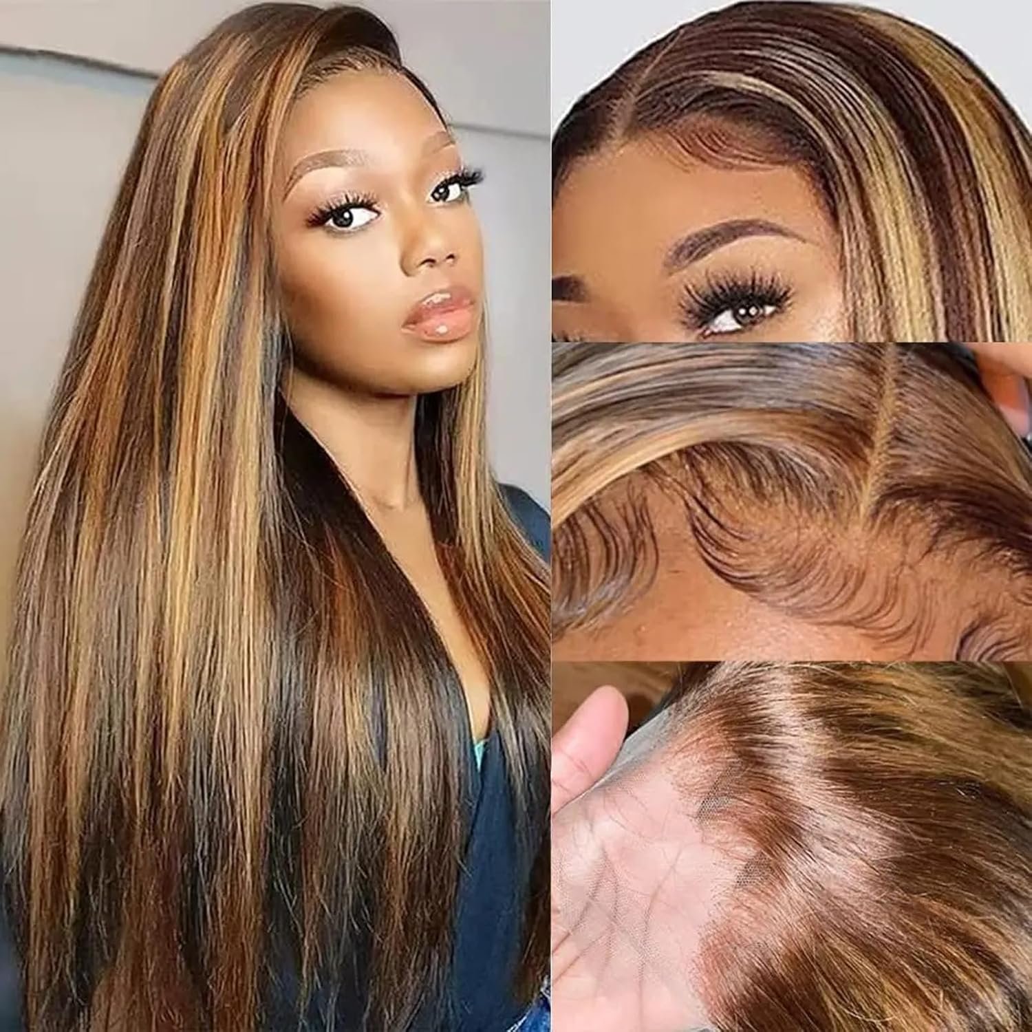 Perruque lisse méchée blond miel vue 3