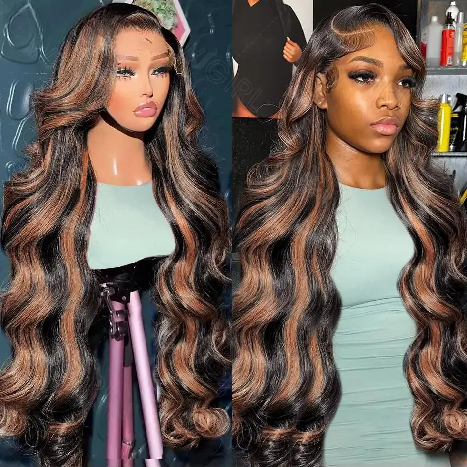 Perruque ondulée avec balayage caramel