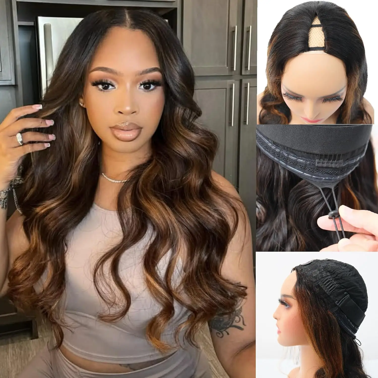 Perruque ondulée balayage caramel