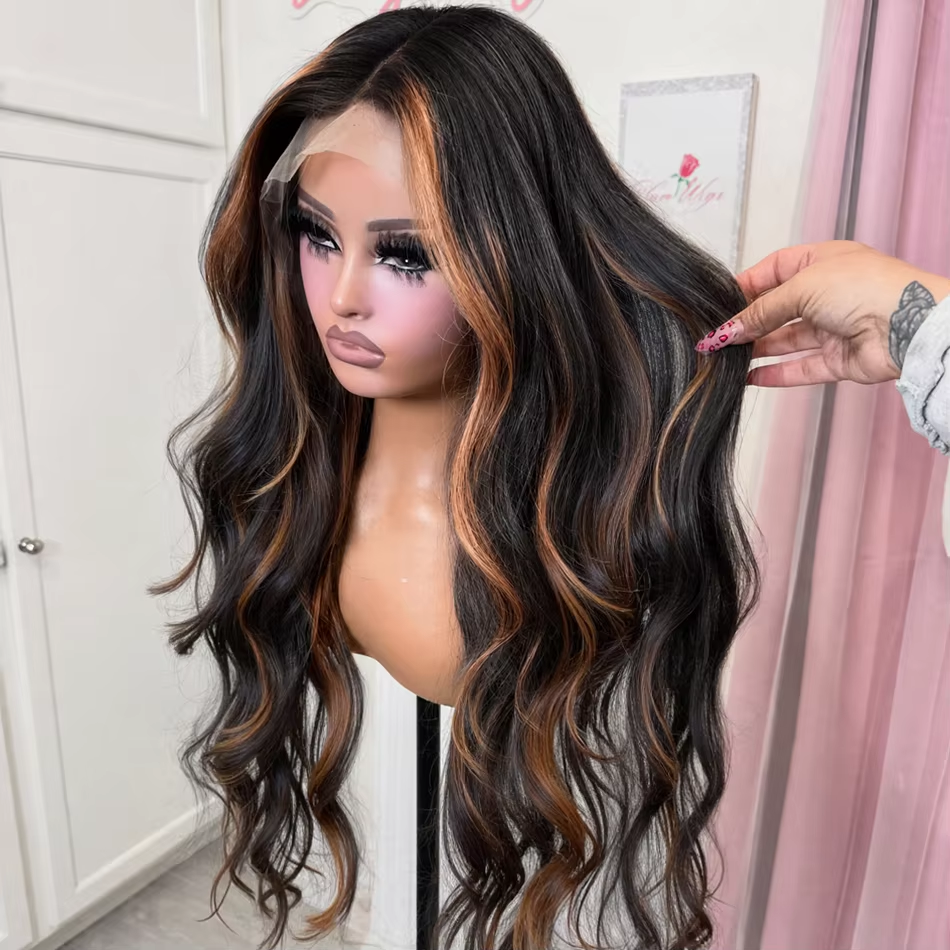 Perruque ondulée balayage cuivré