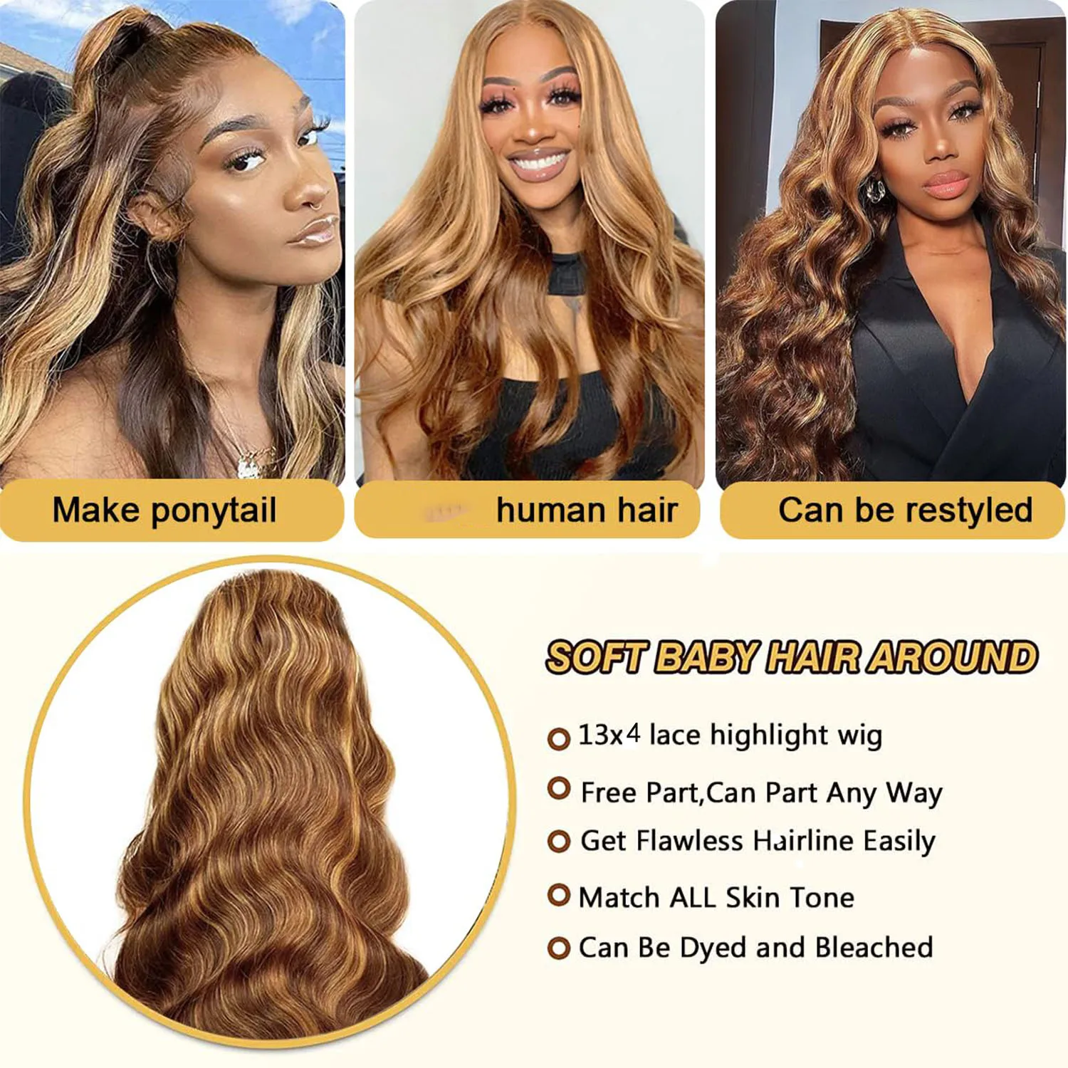 Perruque ondulée balayage miel — porté