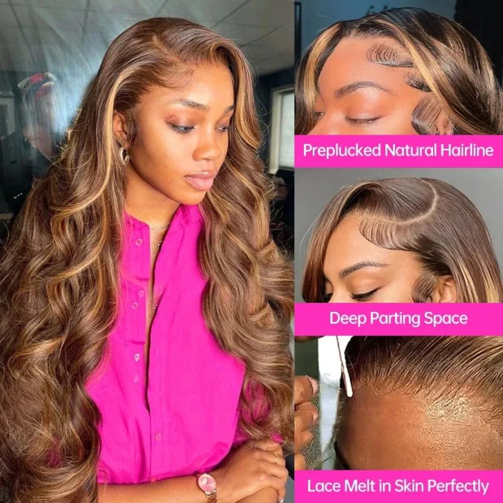 Perruque ondulée balayage miel vue 3