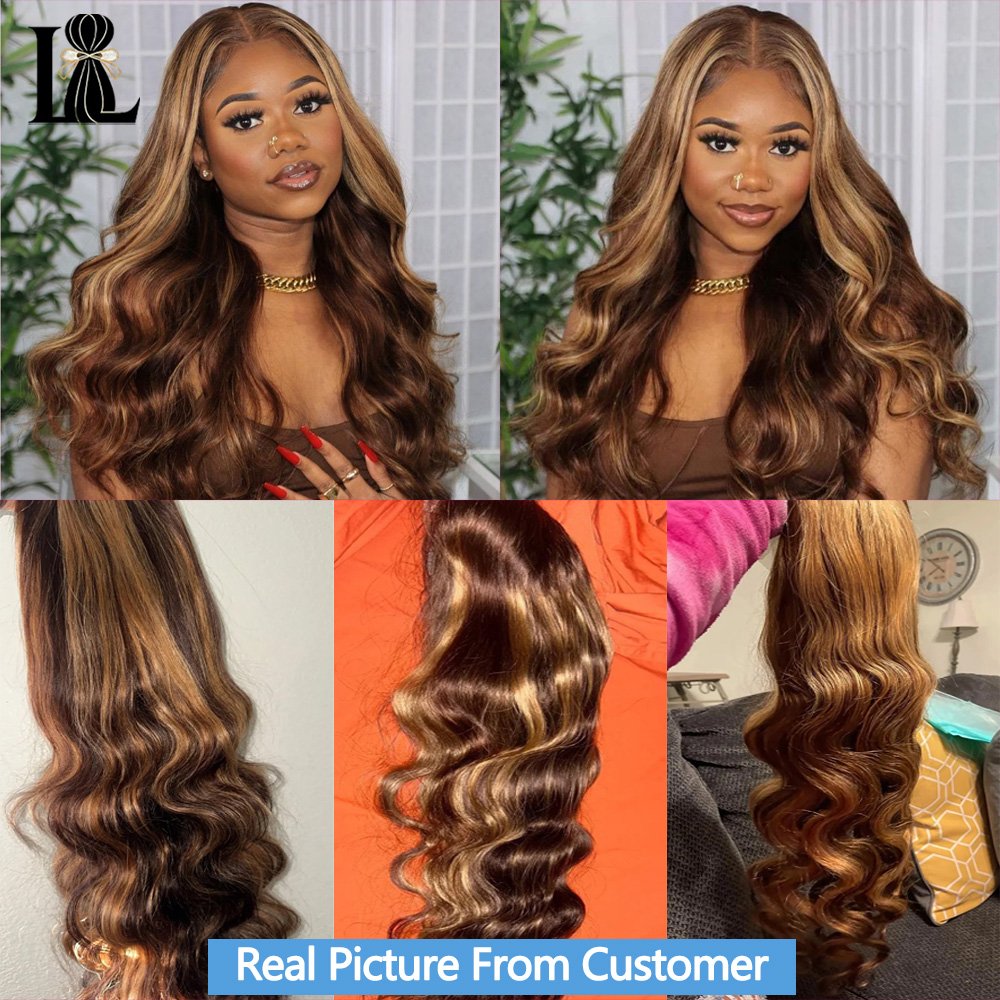 Perruque ondulée balayage miel — porté