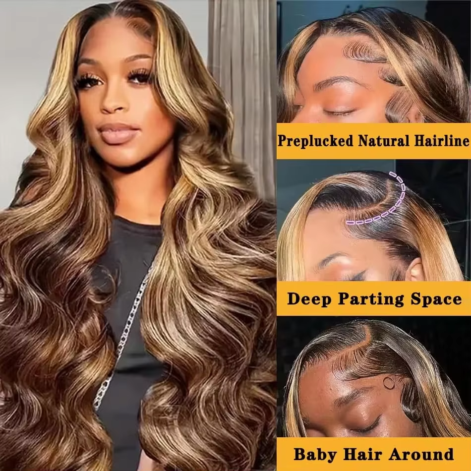 Perruque ondulée balayage miel — porté