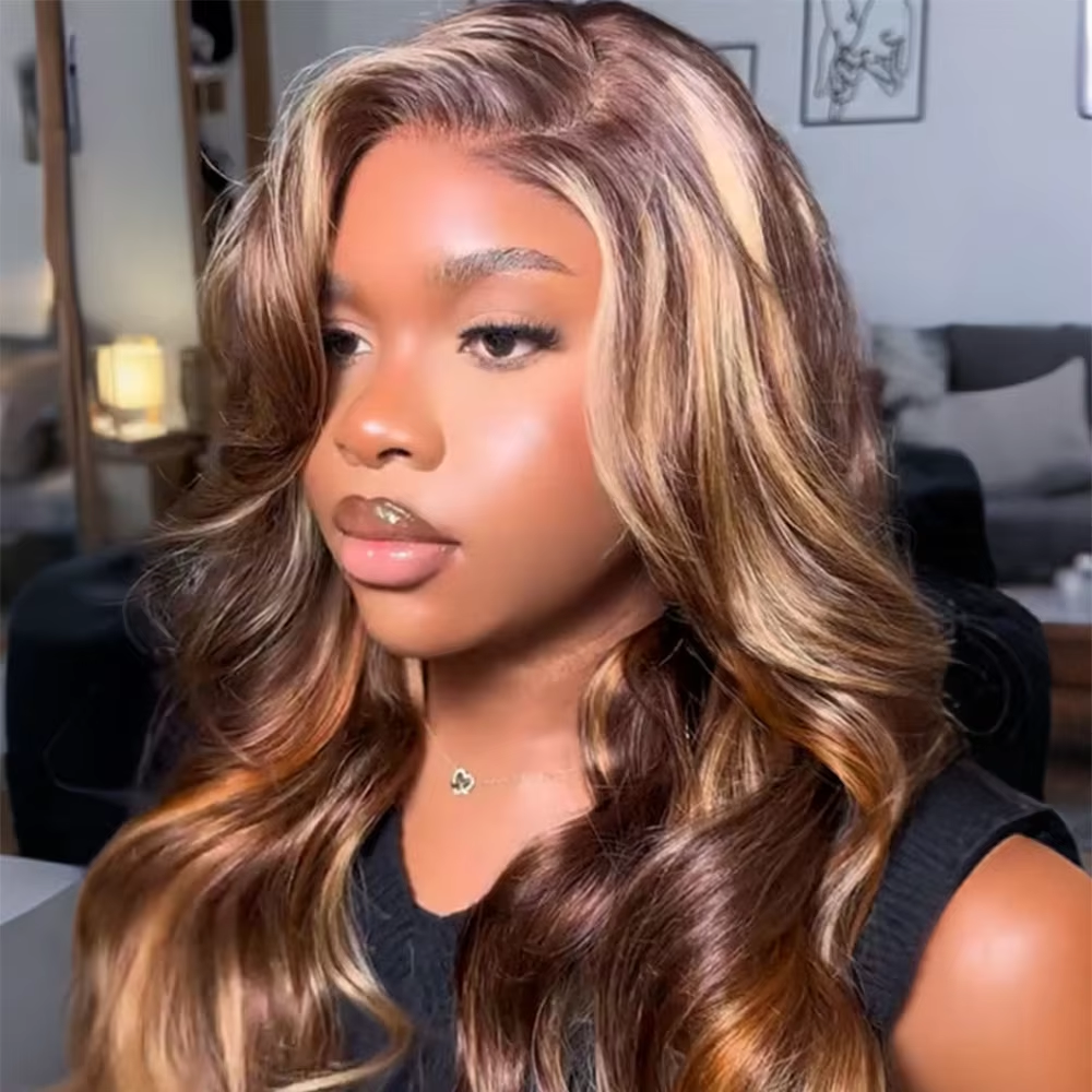Perruque ondulée balayage miel vue 2