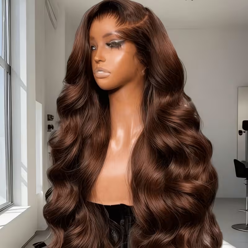 Perruque ondulée brun chocolat — porté